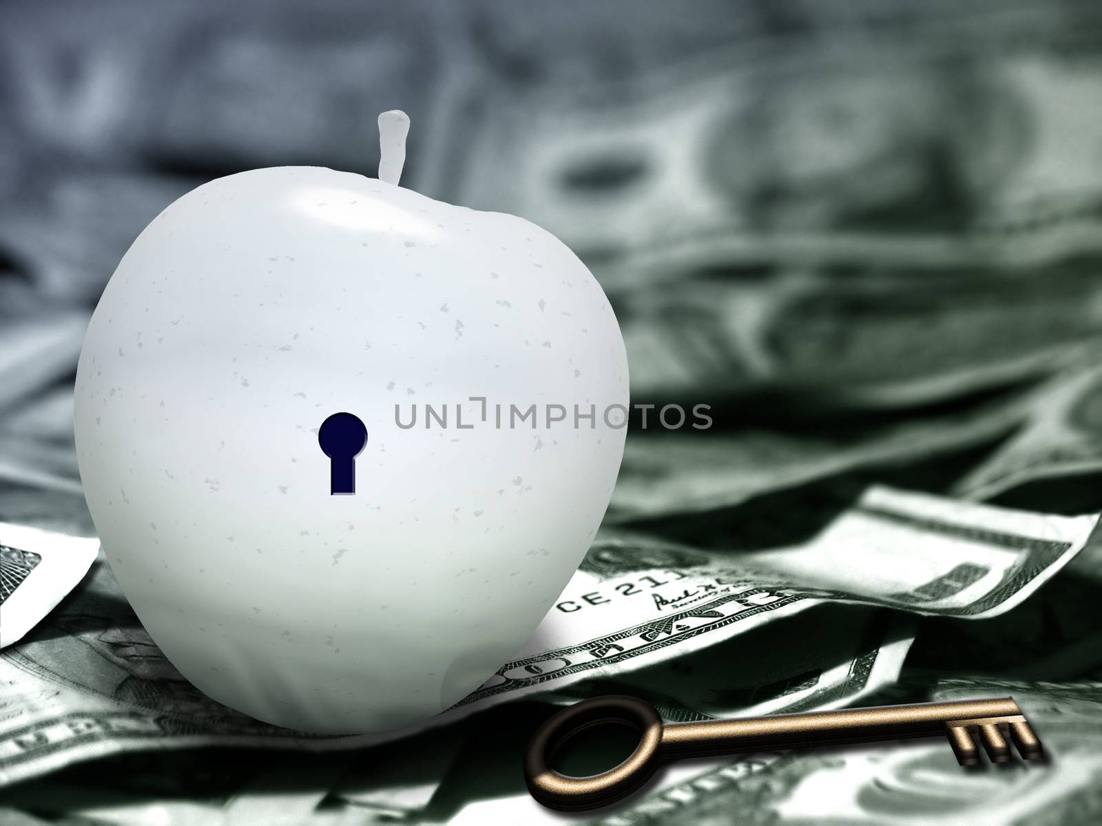 White apple with keyhole and key. US dollars.