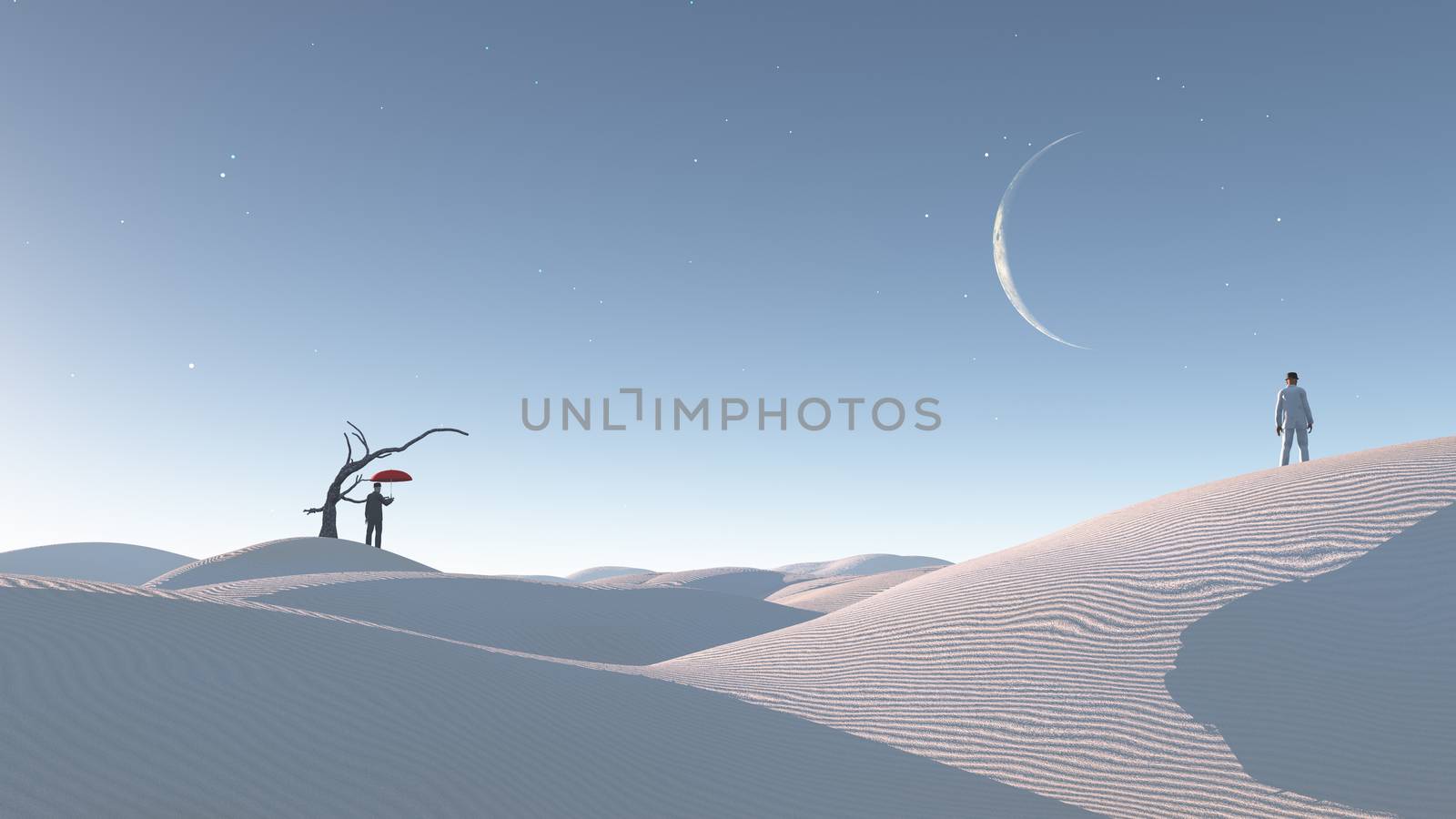 Two Men in desert with bare tree and moon. Surreal Haunting Desert Concept