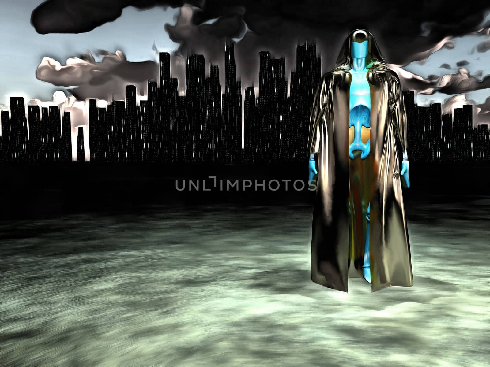 Surreal painting. Android in cloak stands before futuristic city.