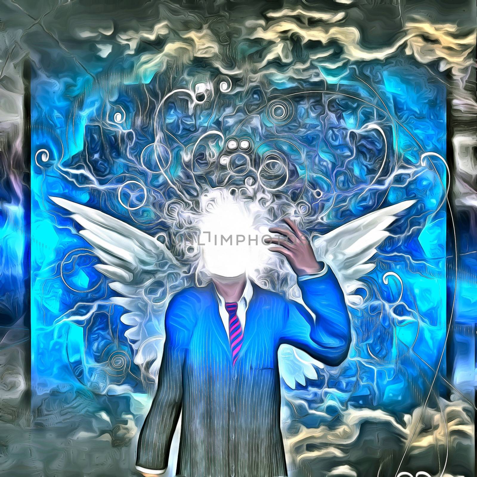 Surreal painting. Faceless man in suit with white wings. Clouds on a background.