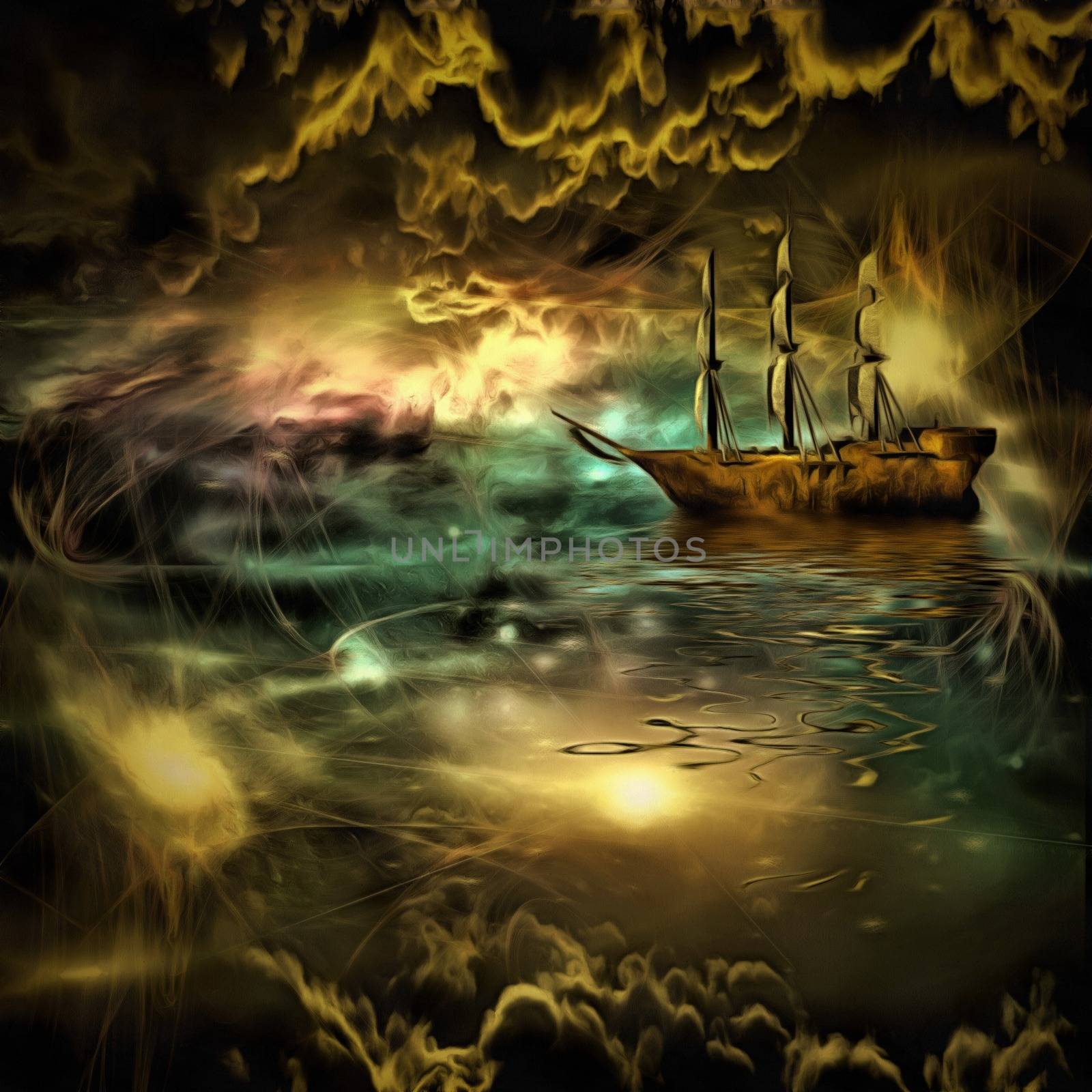 Surreal painting. Ancient ship floats in vivid clouds.