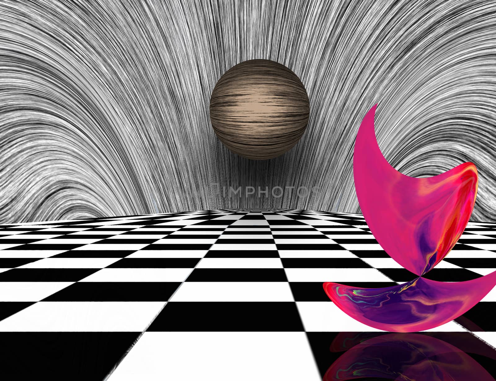 Surreal composition. Pink matter and sphere on chessboard