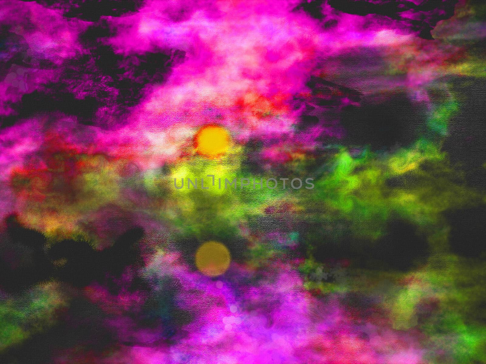 Abstract painting. Cloudy sky. Sunset or sunrise reflected on water surface