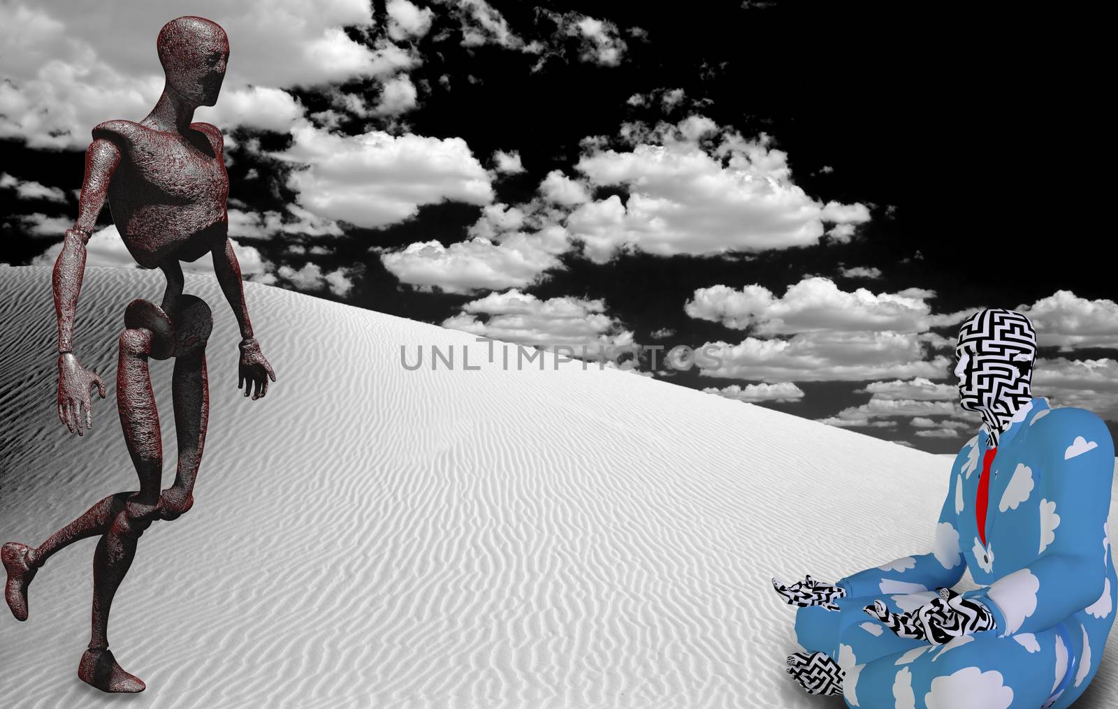 Surrealism. Rusted robot and figure of man in lotus pose in white desert.