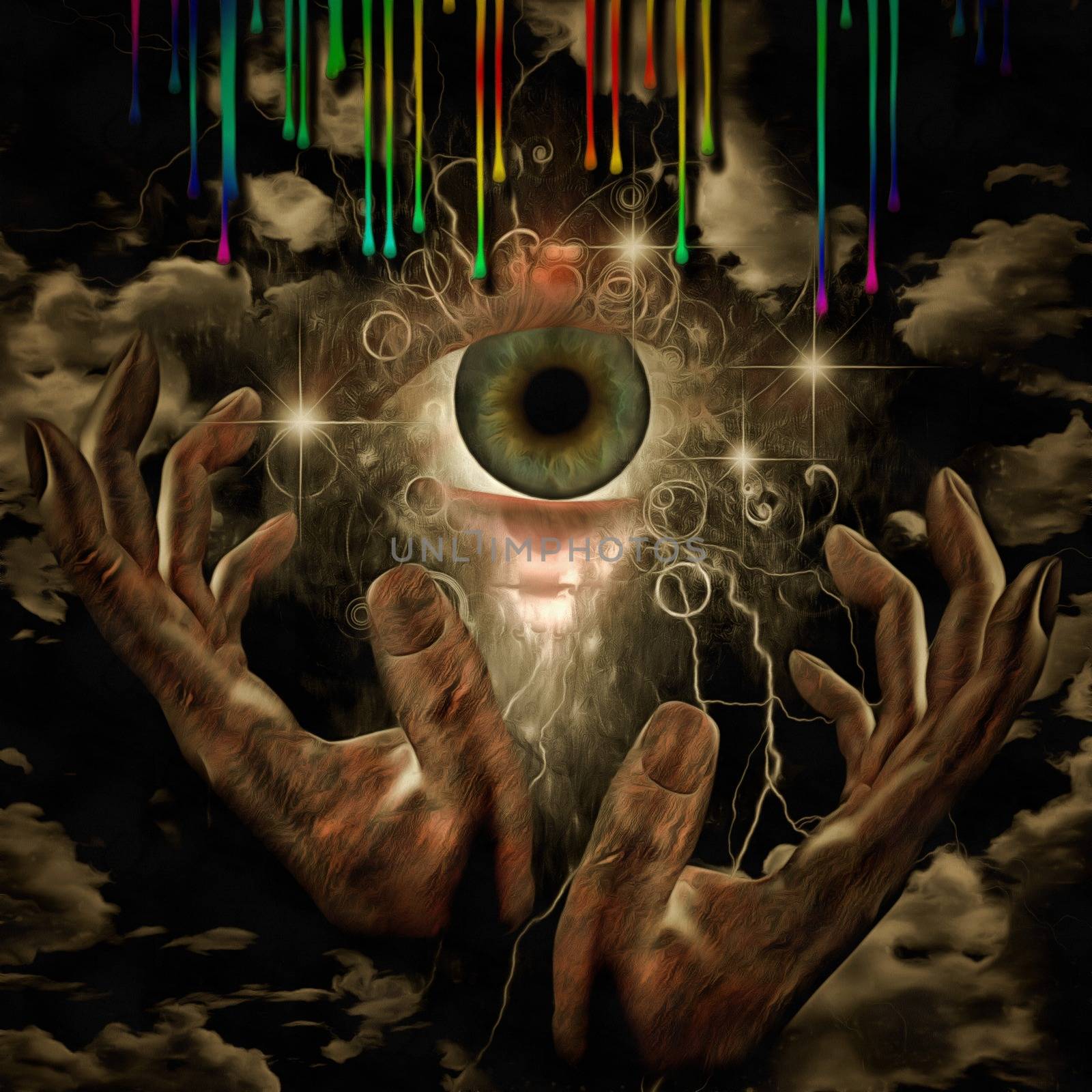 Surreal painting. Hands prays to the God's eye. Colorful drops.