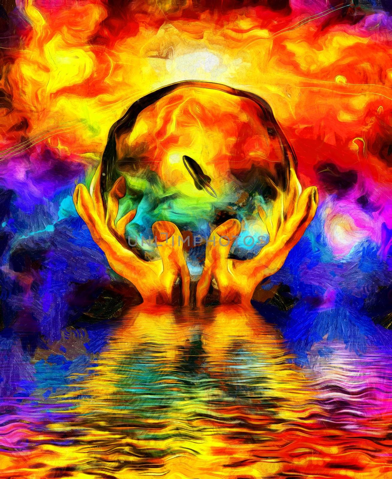 Surreal painting. Crystal ball in hands. Colorful universe reflects in the water.