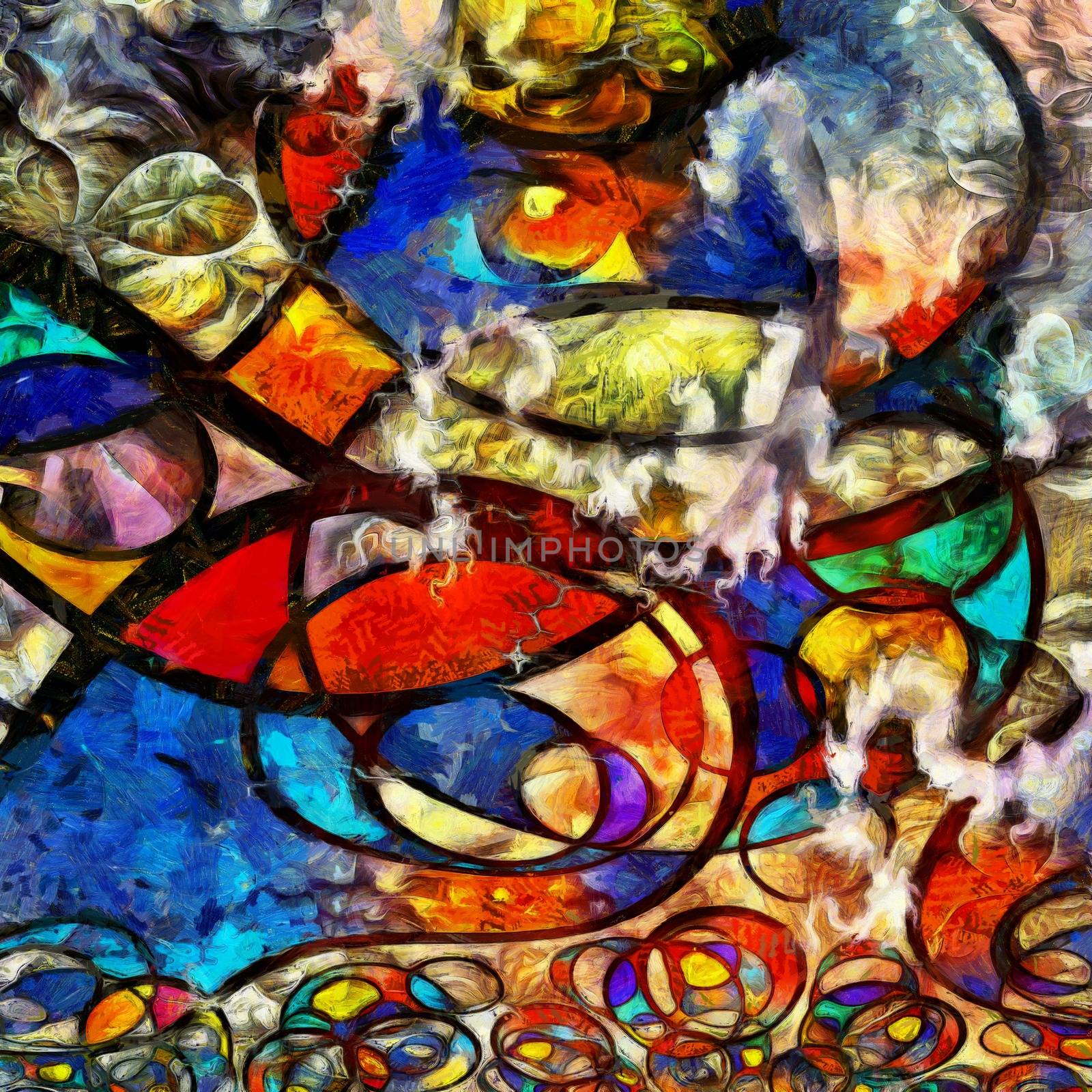 Abstract painting. Colorful stained-glass window. Eye.