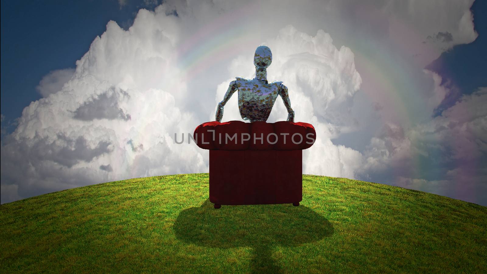 Surreal scene. Rusted alien robot sits in red armchair before cloudy sky. 3D rendering