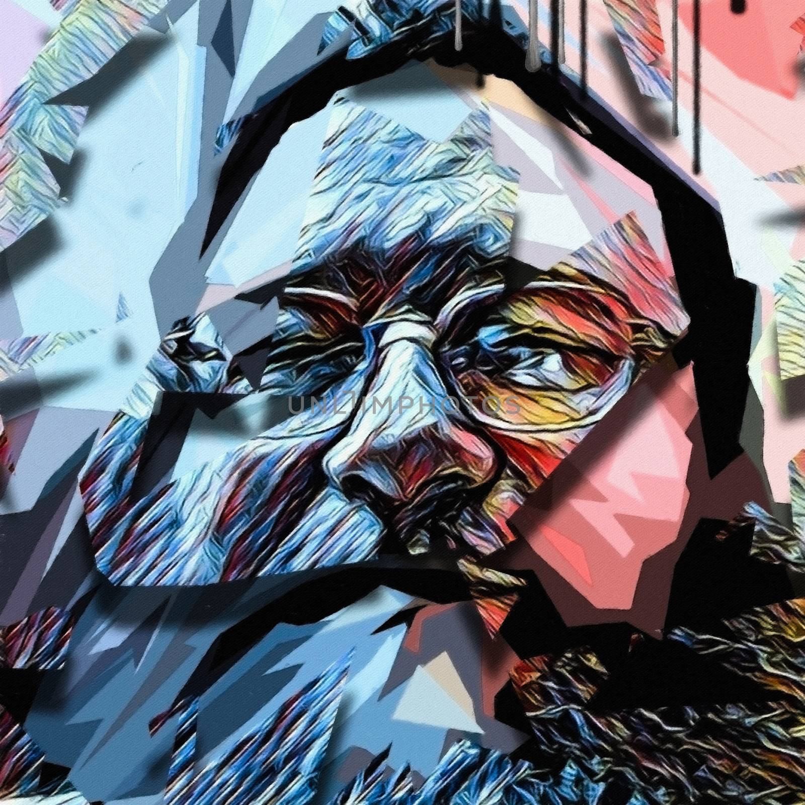 Abstract painting. Man with beard in glasses.