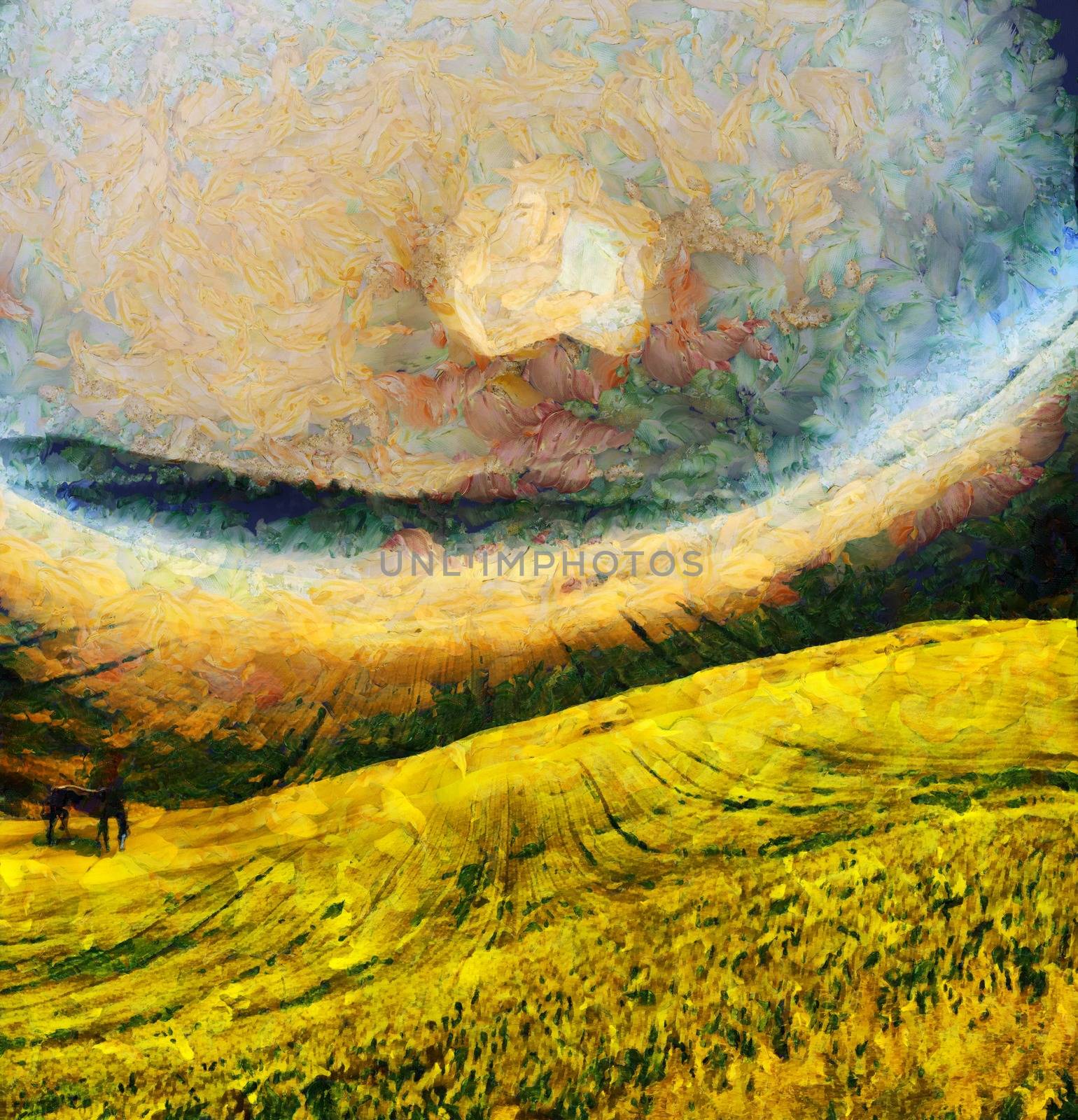 Oil painting. Horse in the field. Yellow moon rise over mountain.