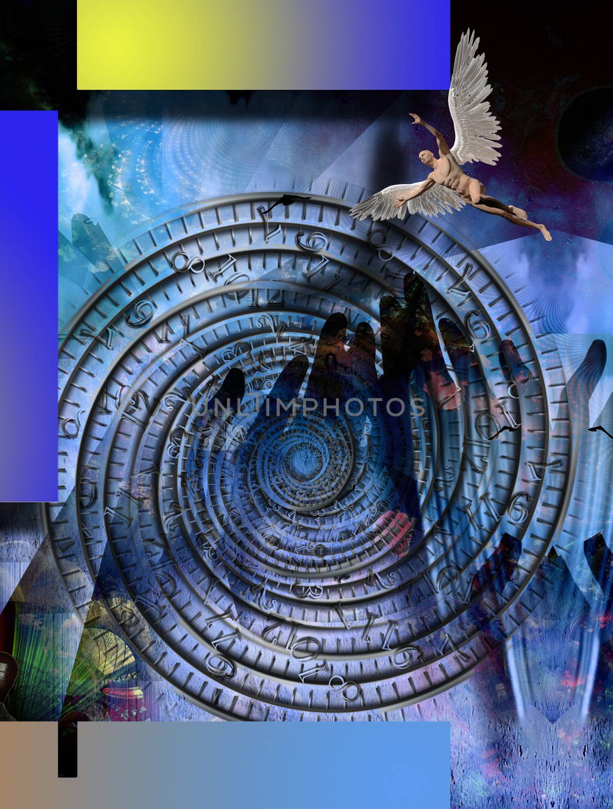 Surreal composition.Naked winged man represents angel. Time spiral