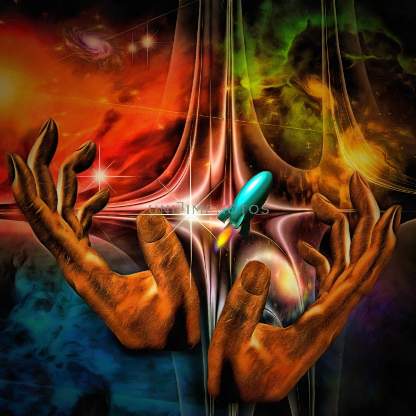 Surreal painting. Vivid universe. Hands of a prayer. Space rocket.