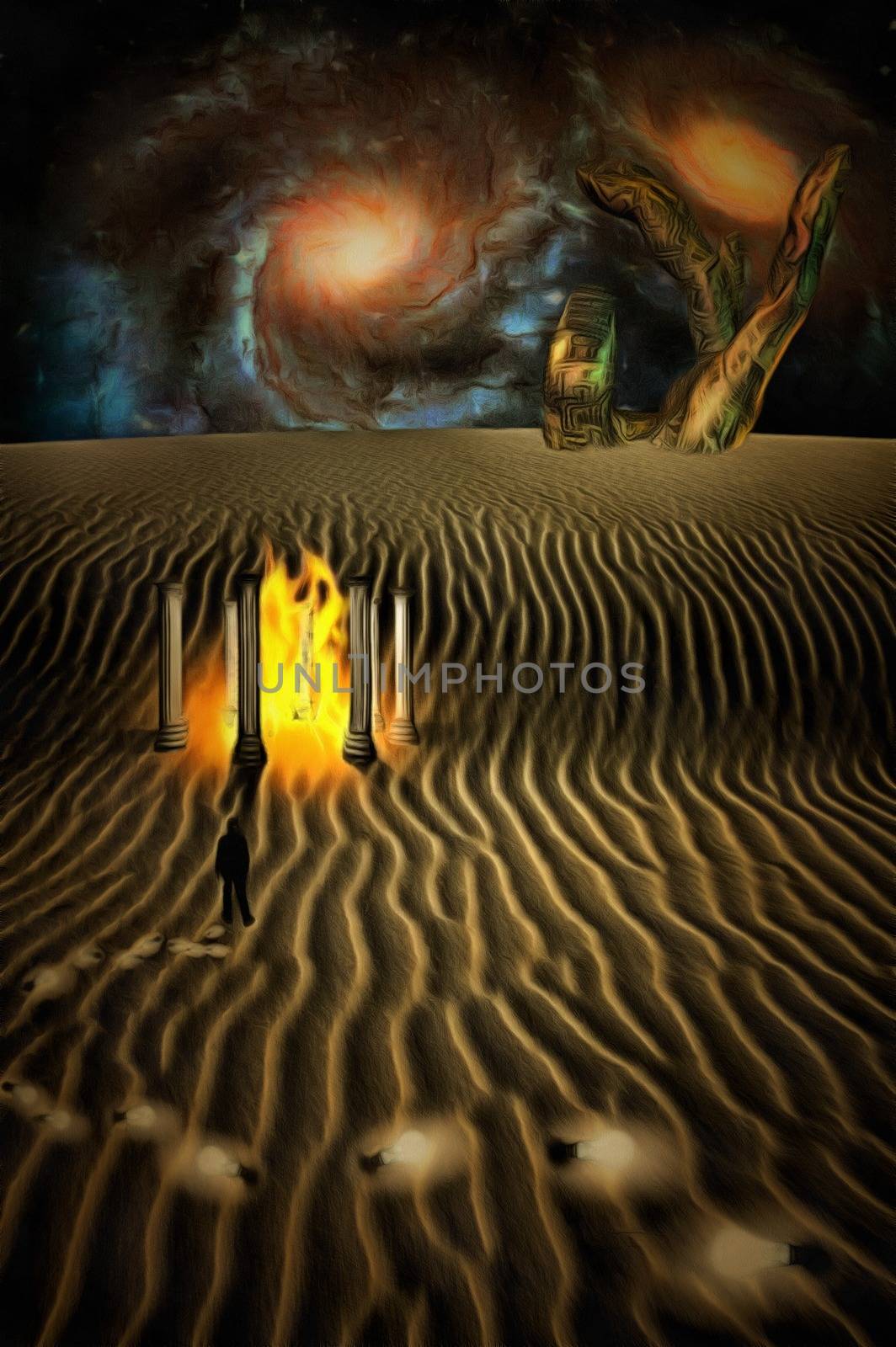 Surreal digital art. White desert planet with Temple of fire. Man in suit is losing light bulbs. Giant stone hand and colorful galaxies at the horizon. Light bulbs symbolizes ideas or thoughts. 3D rendering.