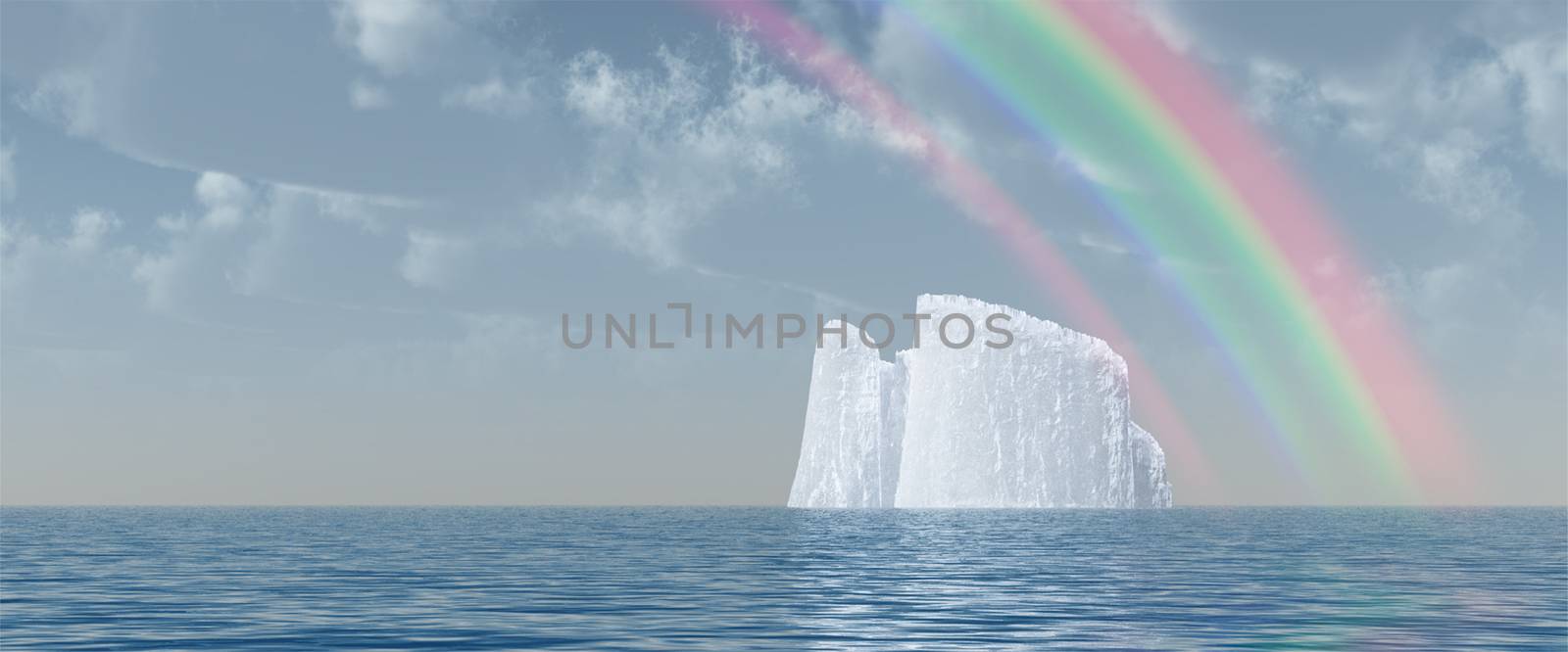 Surreal digital art. Big iceberg floats in quiet ocean. Rainbow in the cloudy sky. 3D rendering.