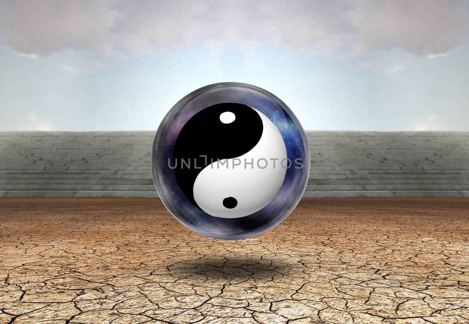 Surreal digital art. Yin-Yang inside space-bubble. Arid land. 3D rendering.
