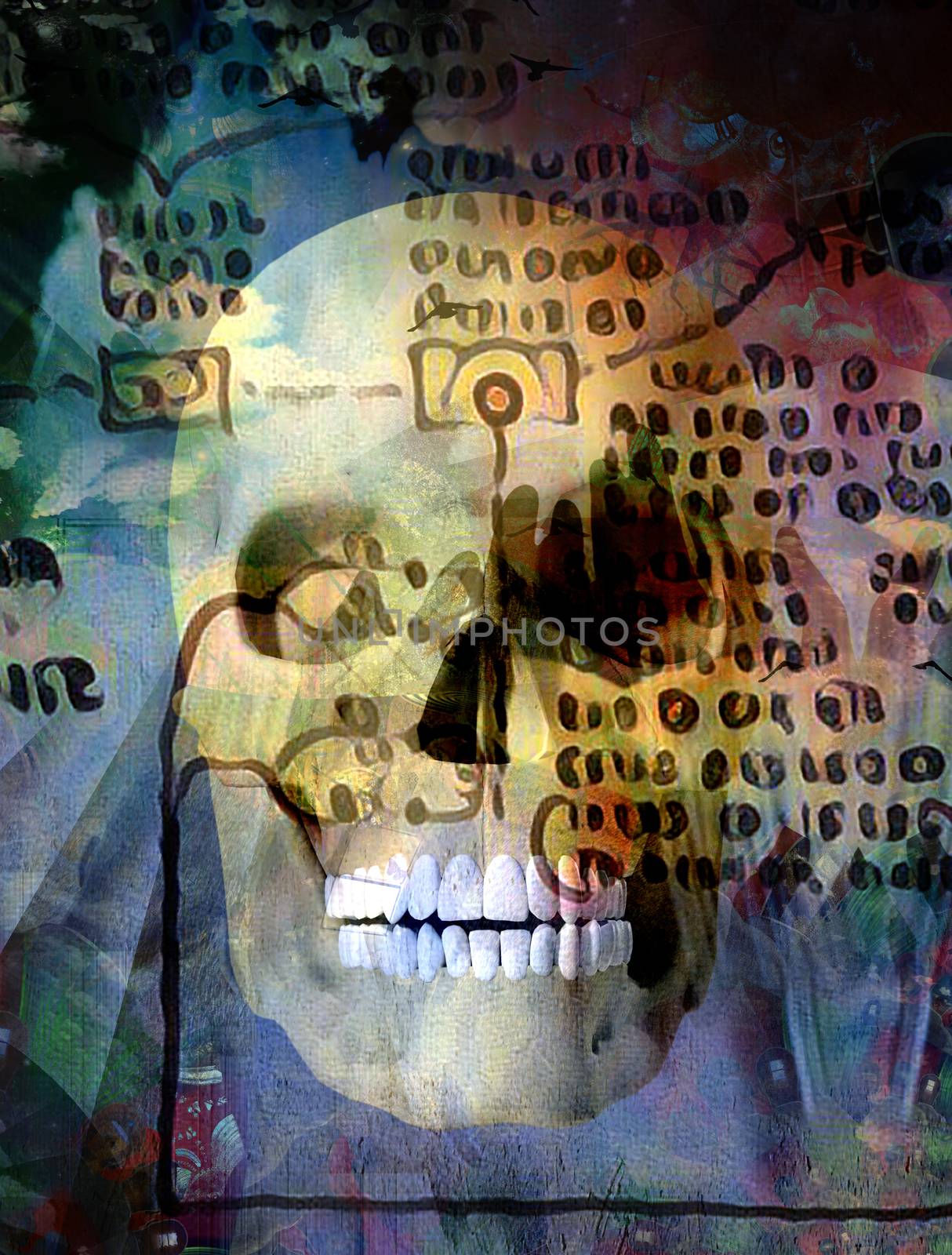 Surreal composition. Human skulll. Ancient script on the background