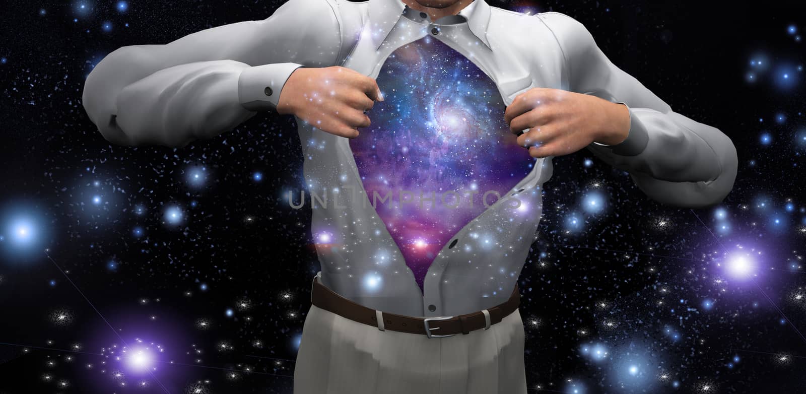 Man opens shirt to reveal the galaxies. 3D rendering.