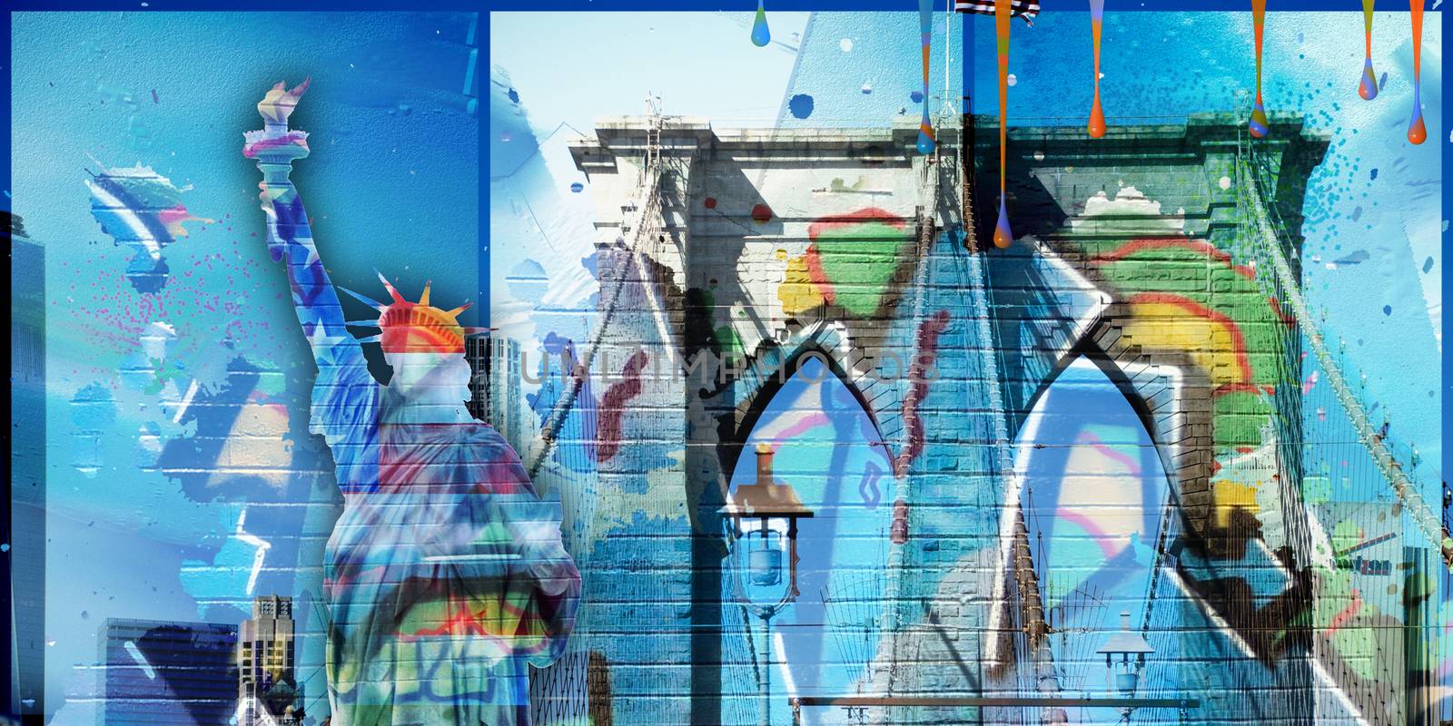 Surreal digital art. Brooklyn bridge and Liberty statue on New York's cityscape. Pieces of graffiti and paint drops. 3D rendering.
