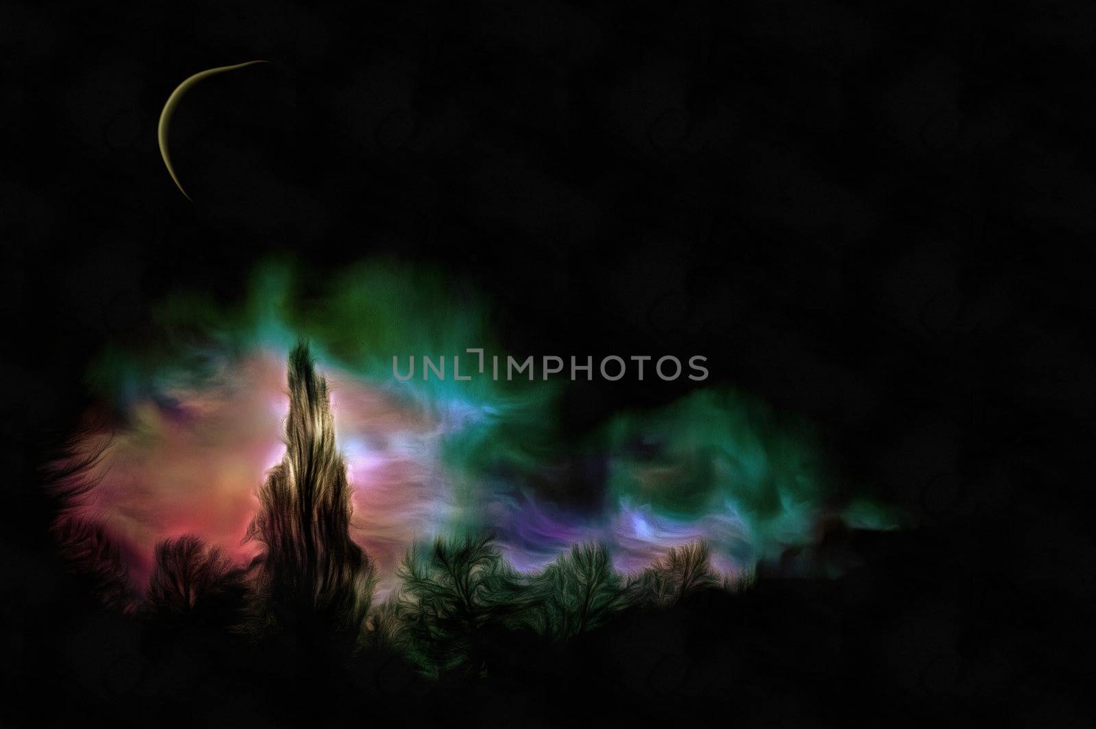Expressionism painting. Forest in the moon light. 3D rendering.