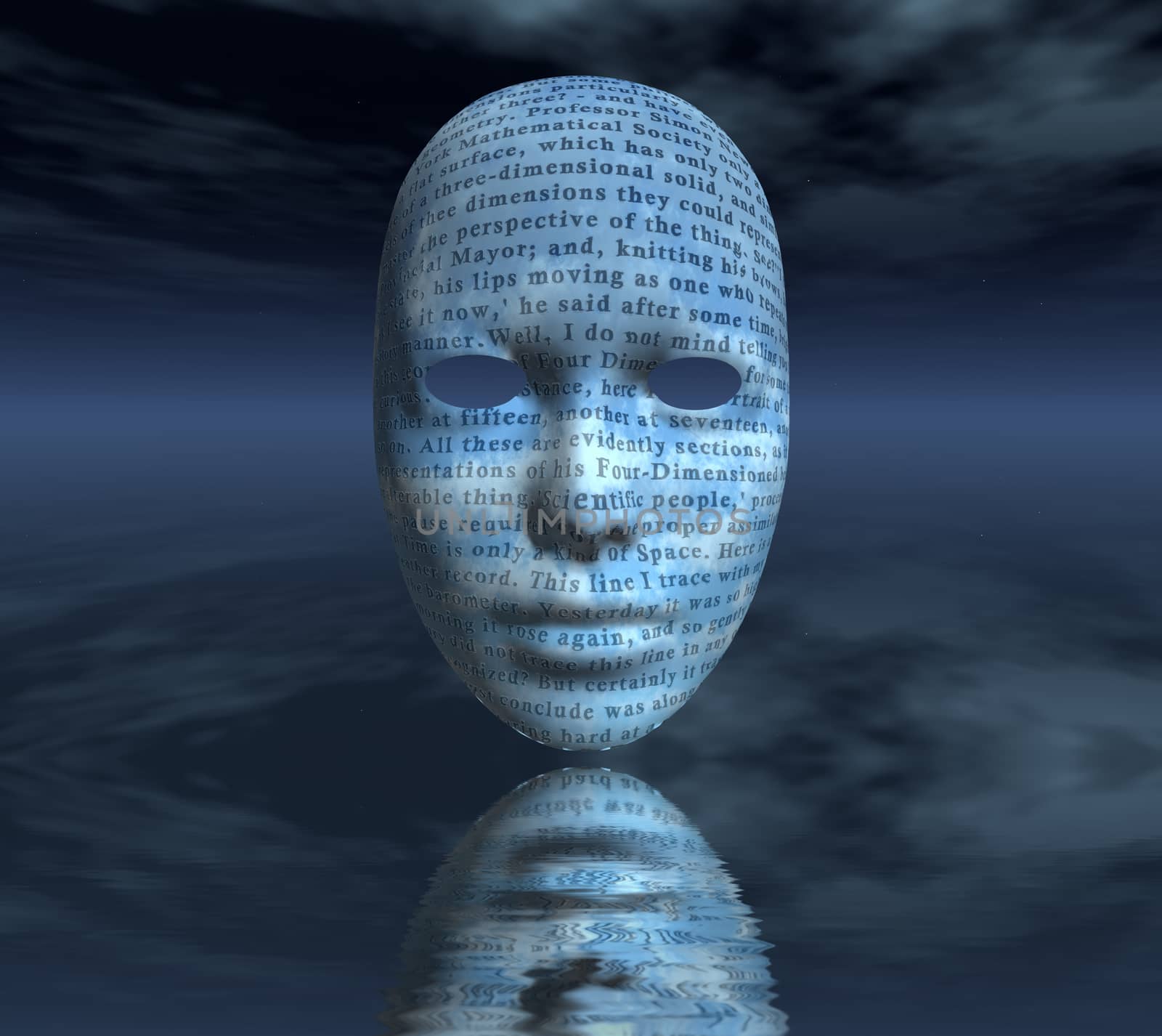 Surreal digital art. Woman's mask with text reflects in water. 3D rendering.