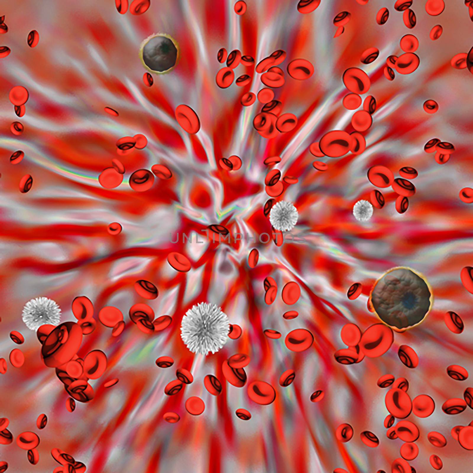 Red Blood cells with virus cells. 3D rendering.