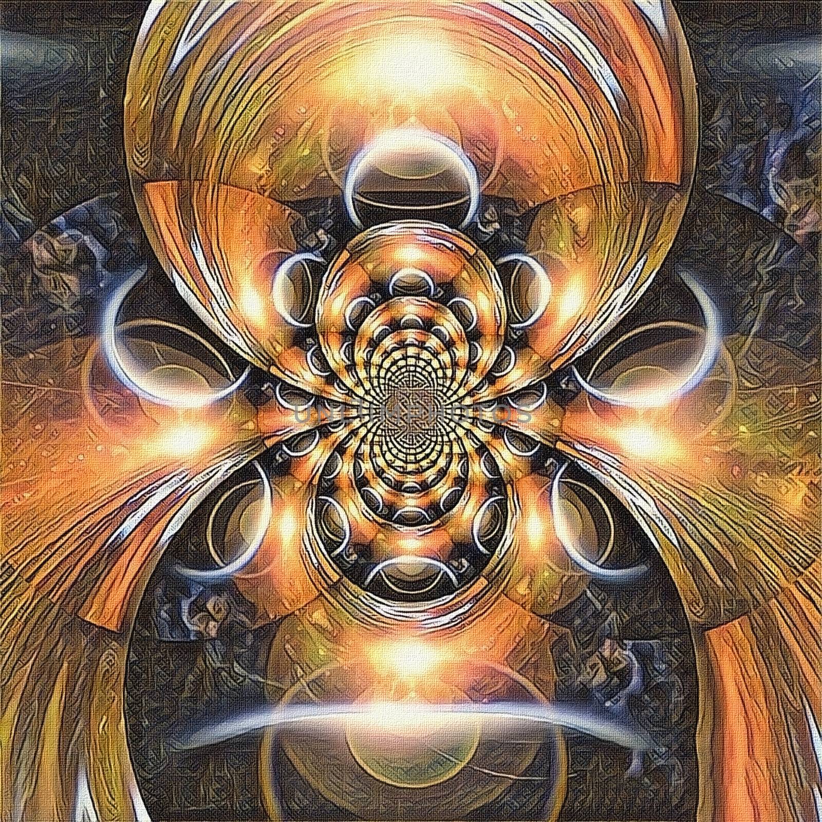 Abstract painting. Mirrored round fractal with a picture of eclipse. 3D rendering