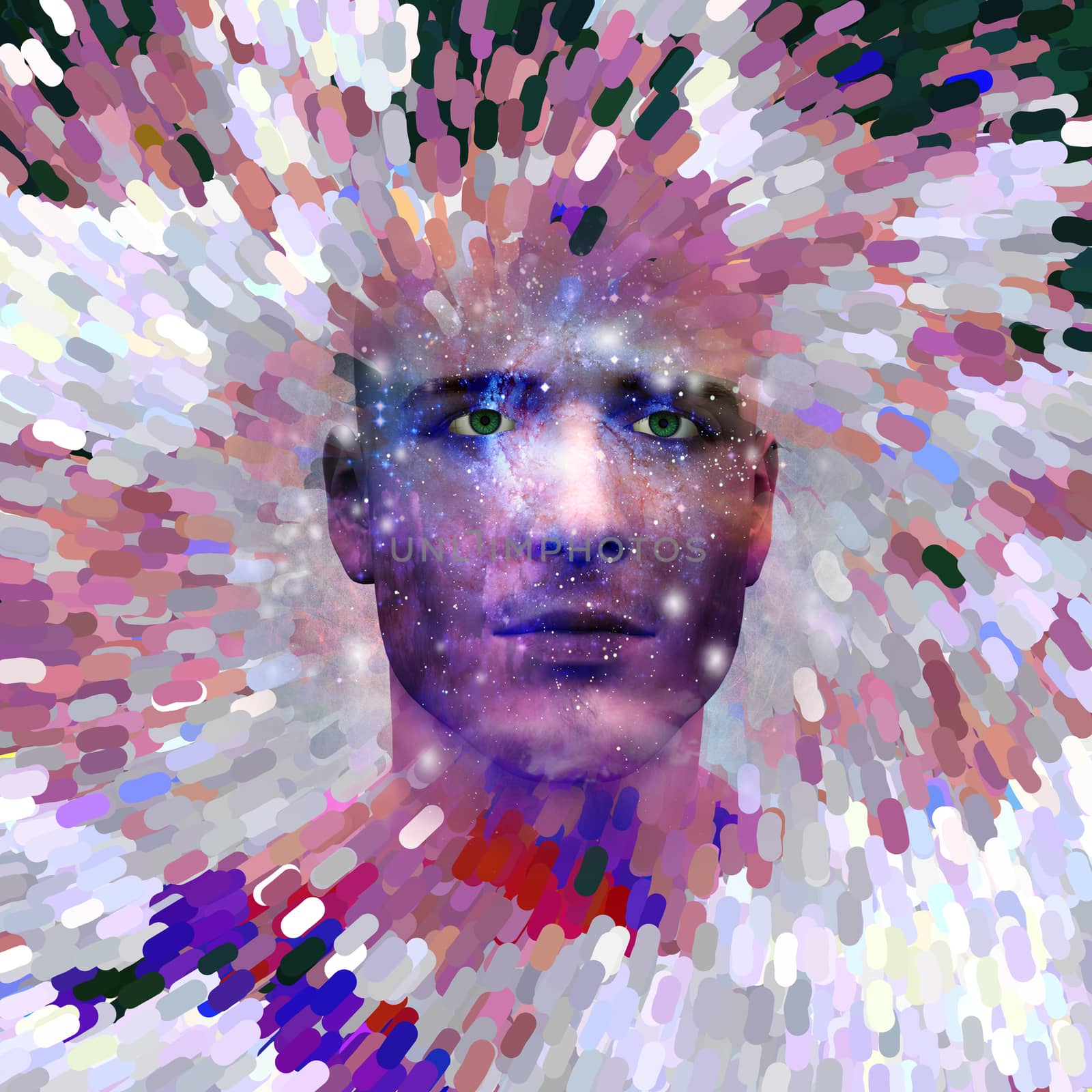 Surreal digital art. Mans head with stars and clouds. Abstract background. 3D rendering.