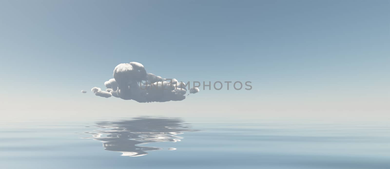 Surreal digital art. Lonely cloud above quiet water surface.