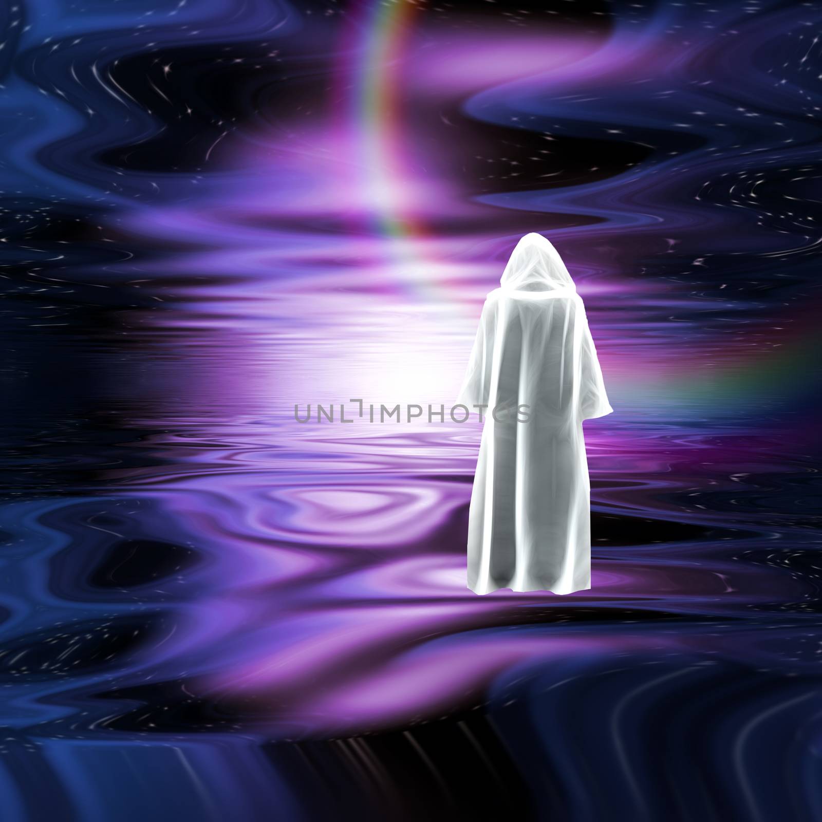 Surrealism. Figure in white cloak stands on purple water surface. 