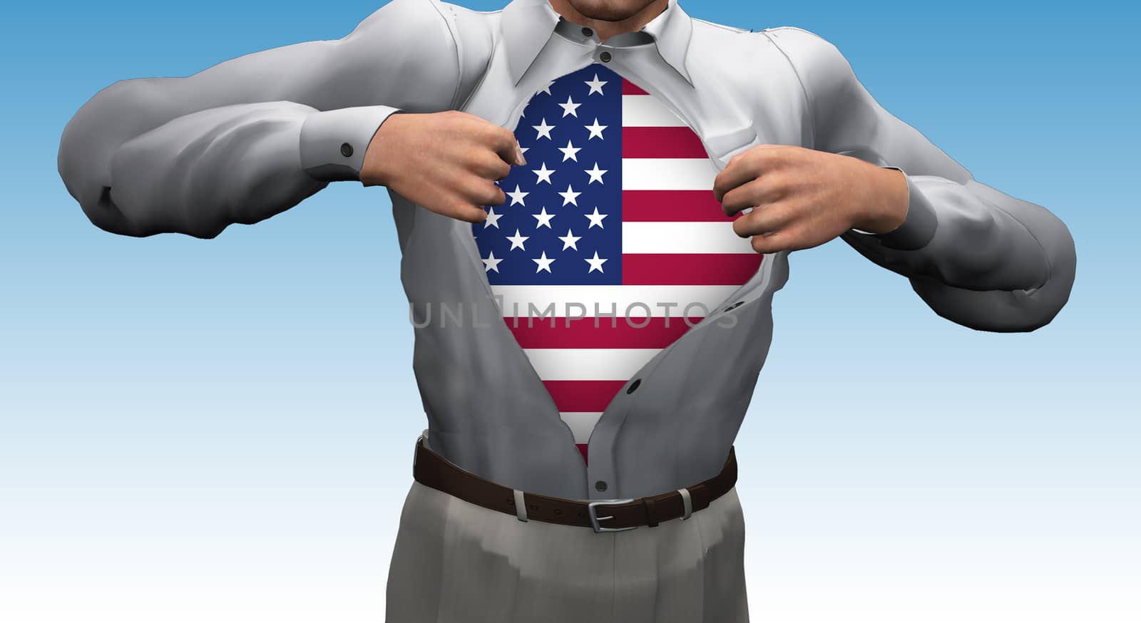 Opened shirt reveals USA Flag. 3D rendering.