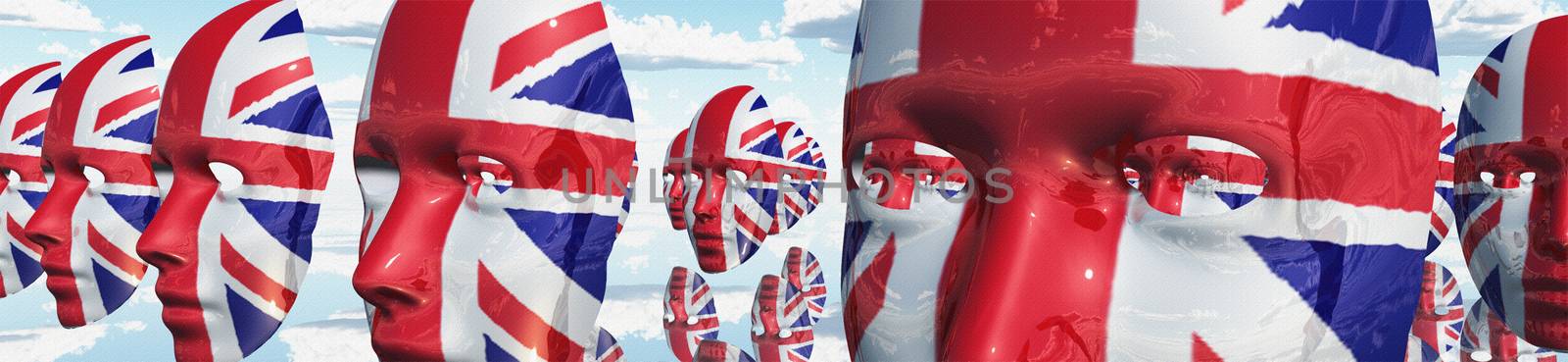 Surreal digital art. Woman's masks in Great Britain national colors hovers in the sky. 3D rendering