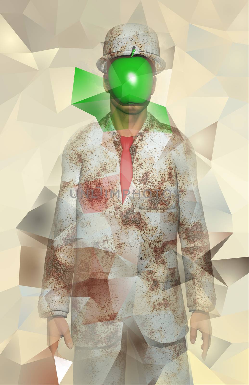 Surreal digital art. Man in white corroded suit with green apple instead of face. Rene Magritte style. 3D rendering.