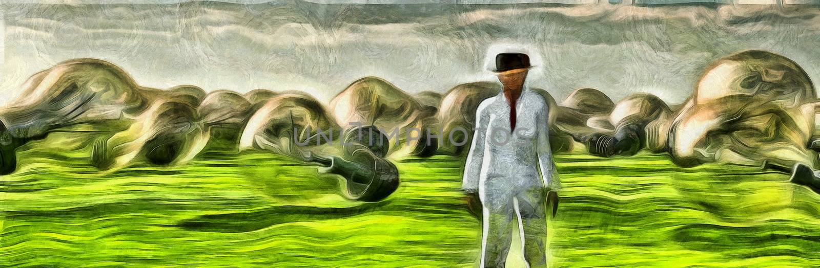 Surreal painting. Man in white suit stands in field with giant light bulbs. 3D rendering