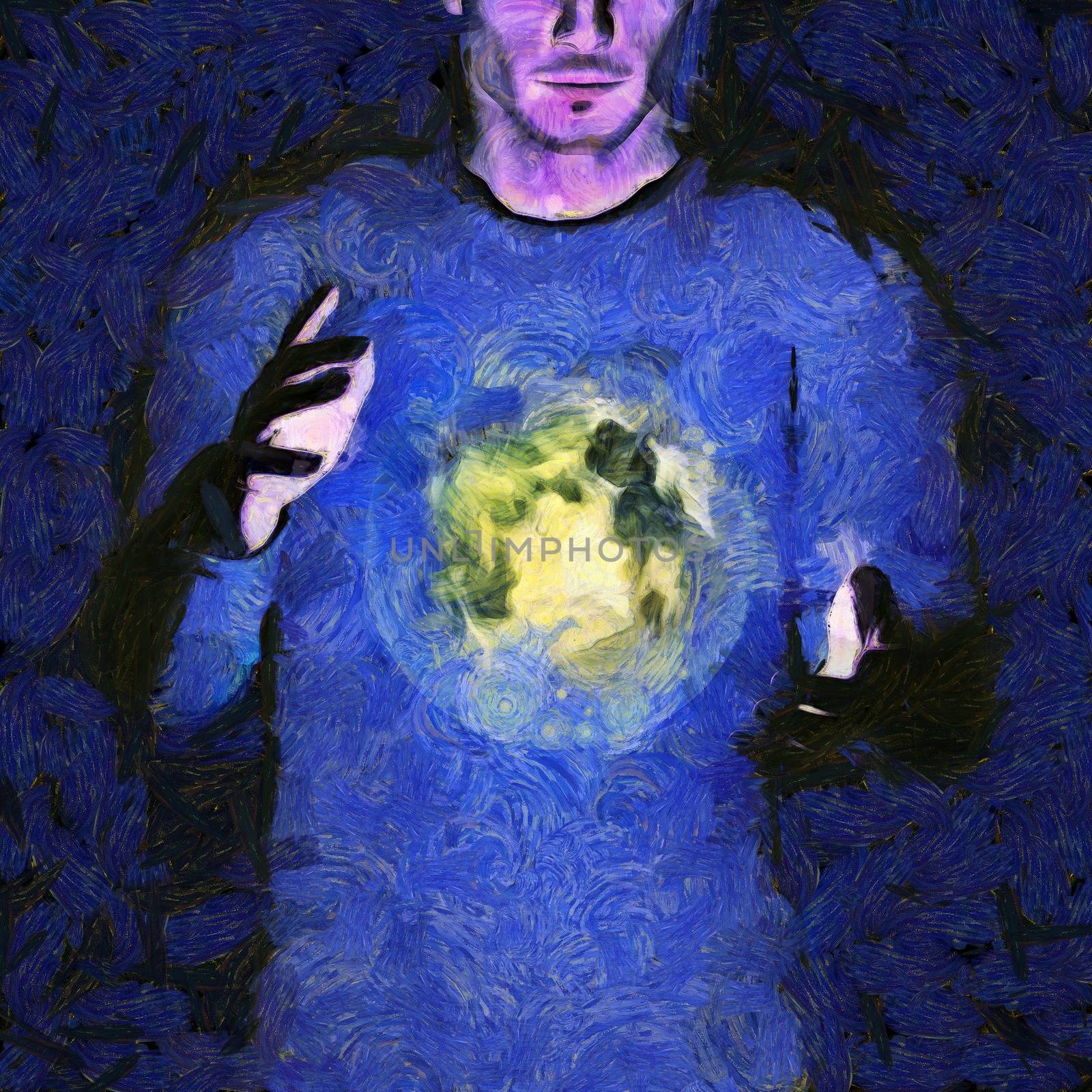 Surreal painting. Man holds earth between hands. 3D rendering