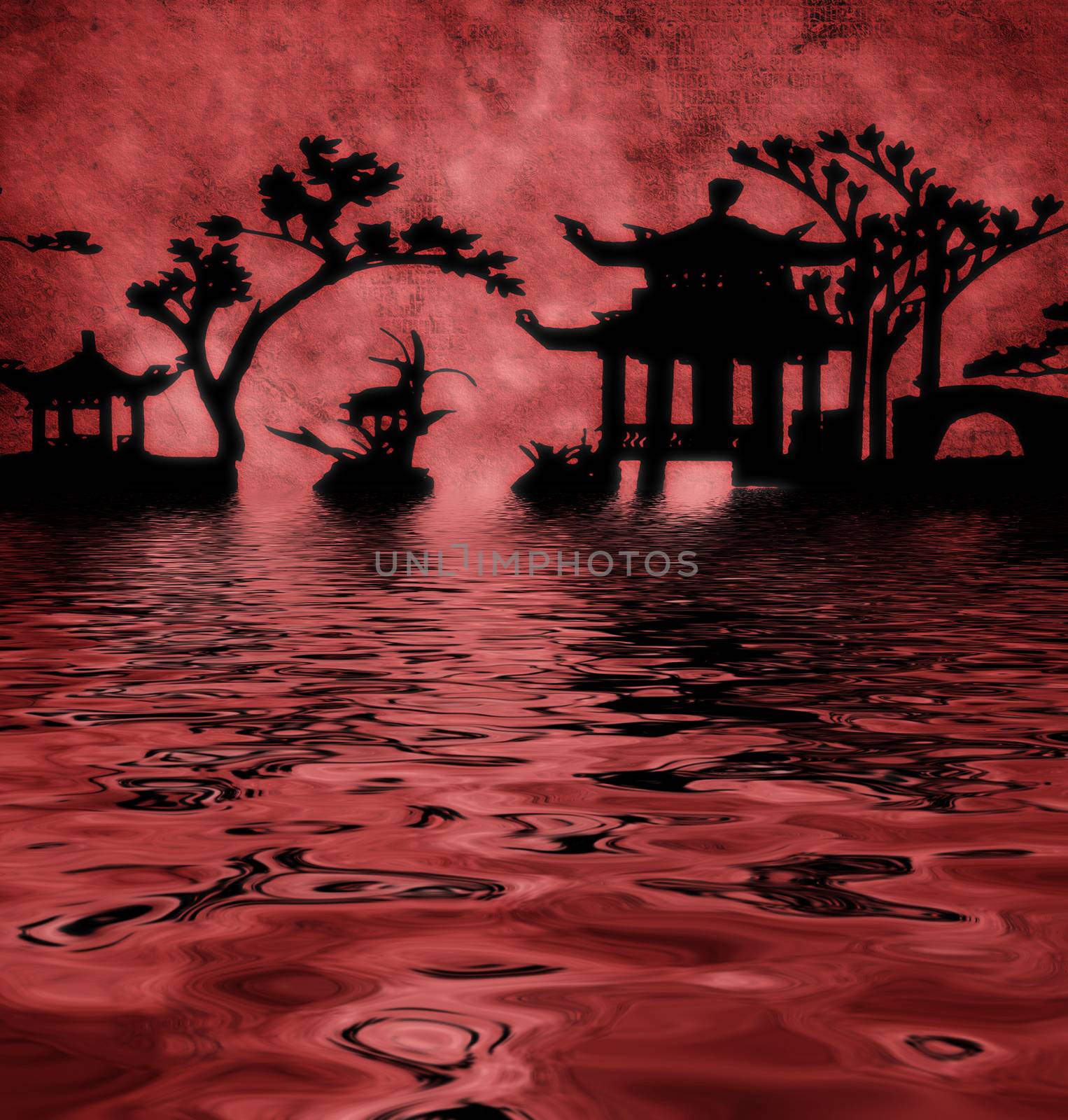 Red textured Asia landscape silhouettes. 3D rendering.