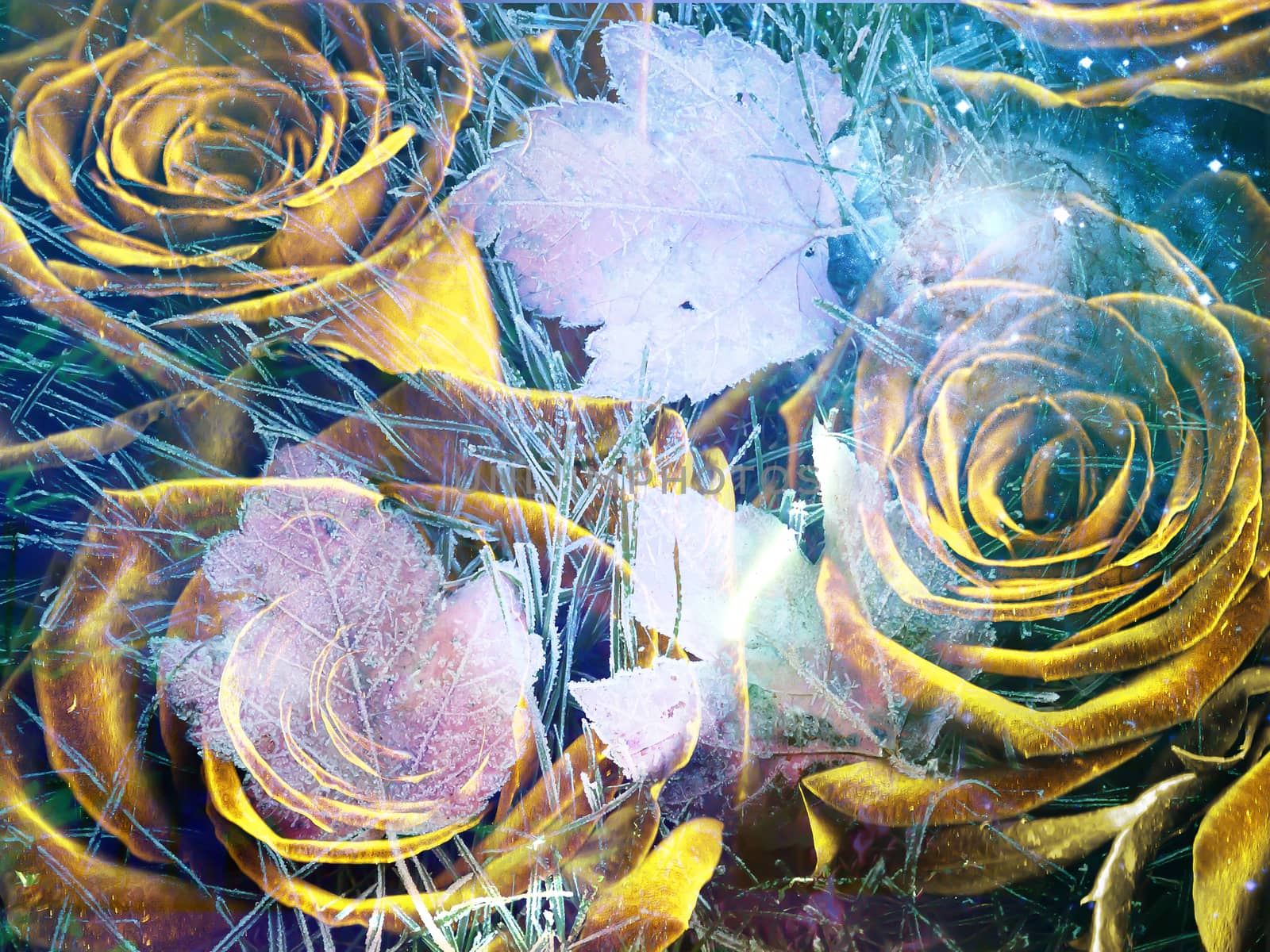 Surrealism. Yellow roses are overlapping with autumn leaves. 
