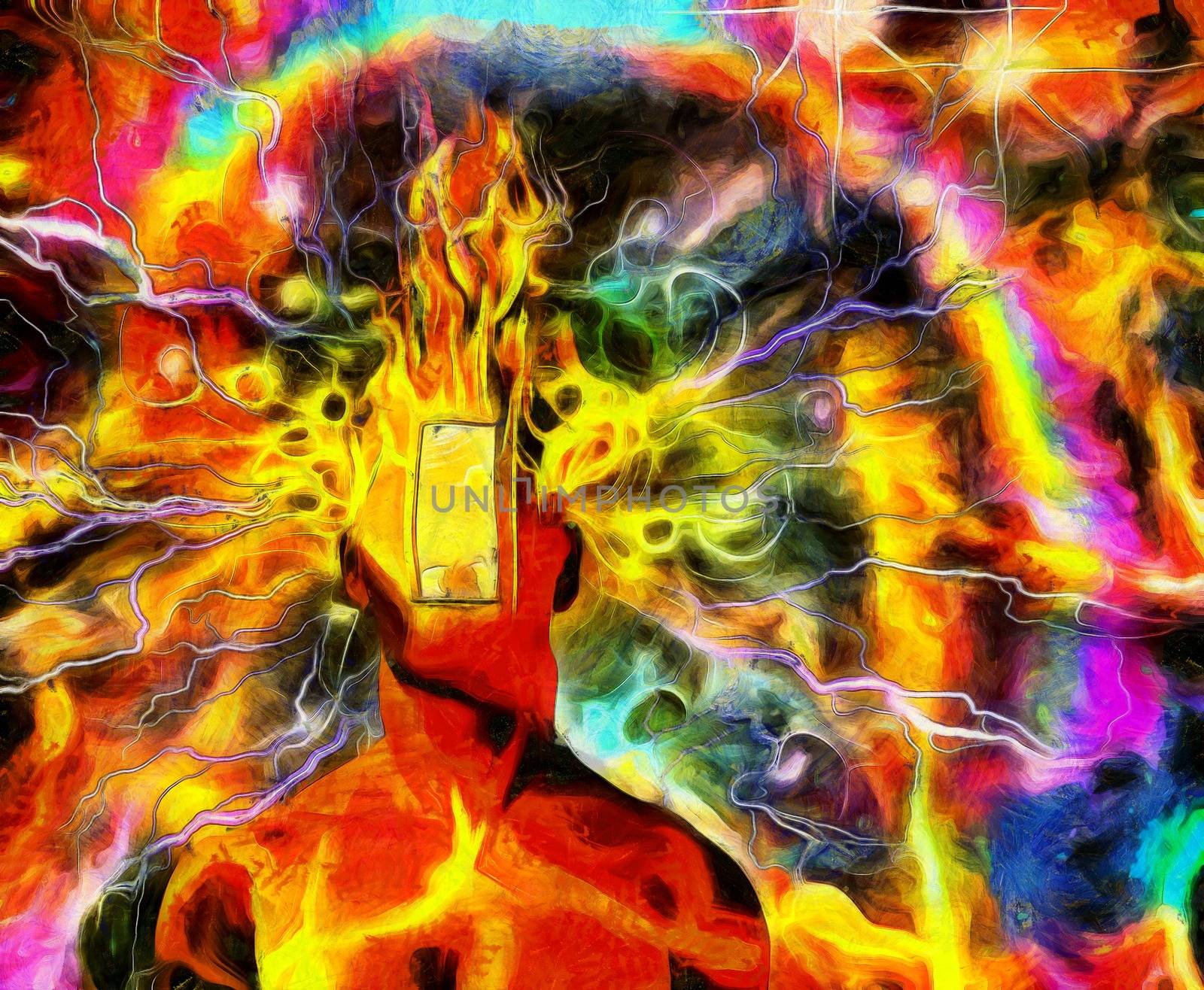 Surreal painting. Burning man's head with open door instead of face and lightnings. Colorful background with rainbow.