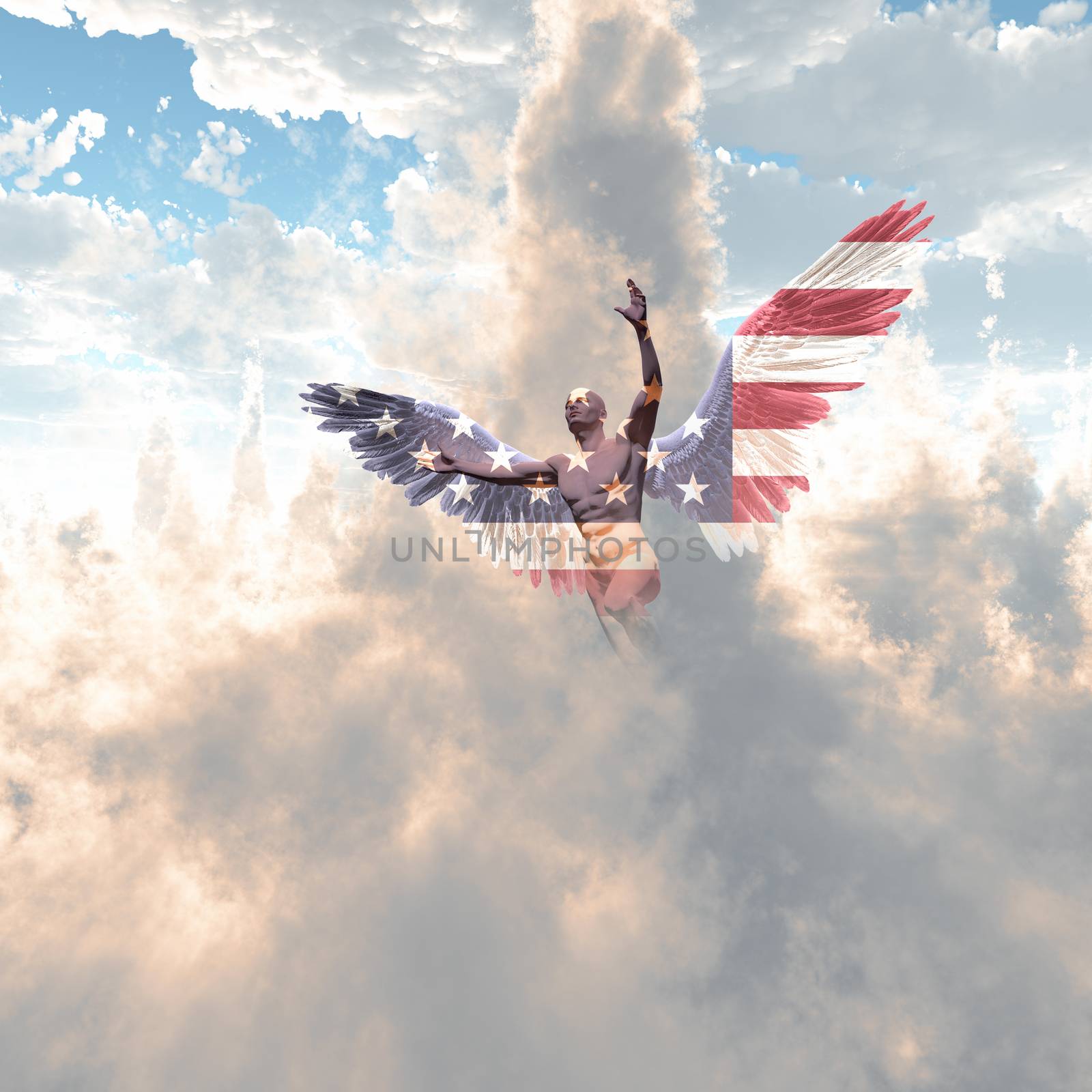 Surrealism. Naked man with wings in US national colors flies in the cloudy sky. 3D rendering.