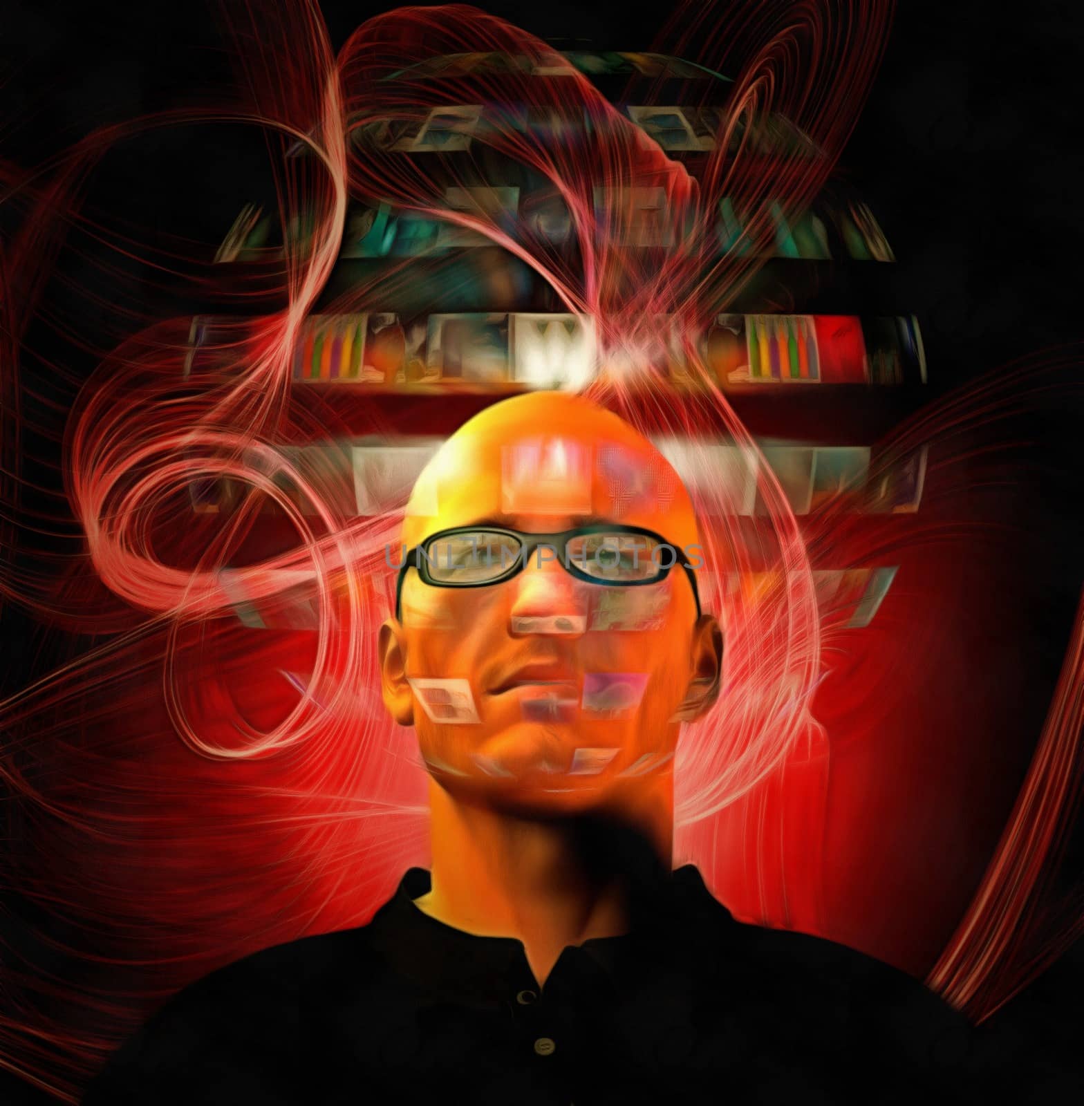 Futuristic digital painting. Bald man in glasses with hologram screens.