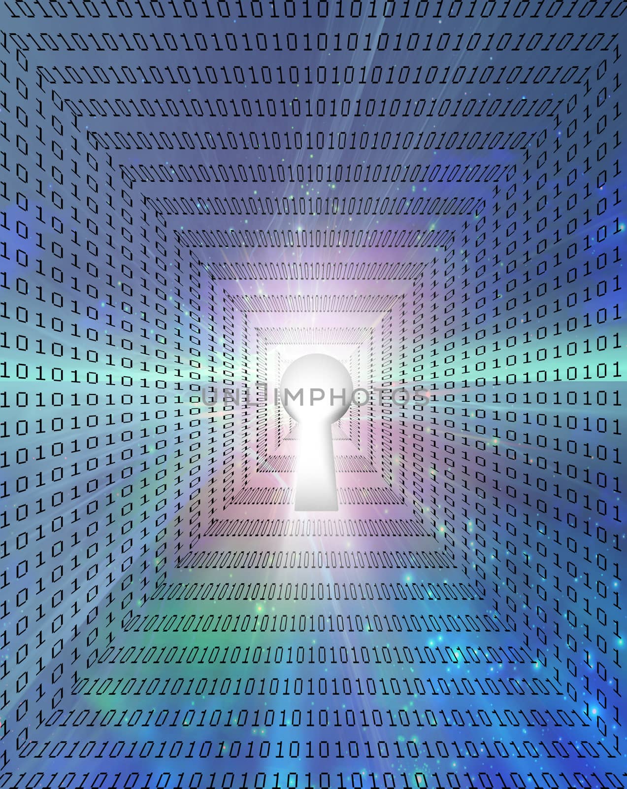 Modern art. Keyhole and binary code on a background. 3D rendering