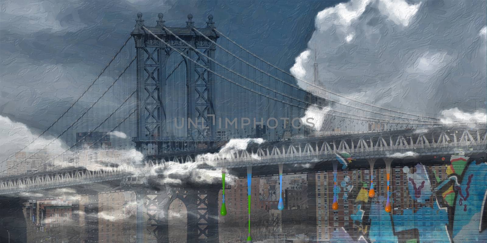 Surreal digital art. Manhattan bridge on New York's cityscape. Giant moon, pieces of graffiti.