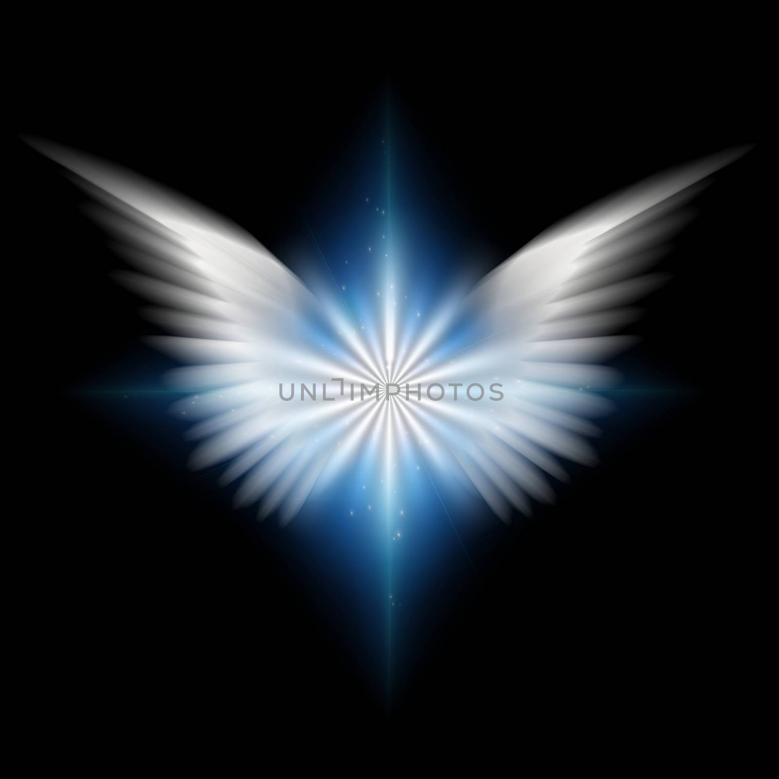 Surreal digital art. Bright star with white angel's wings. 3D rendering