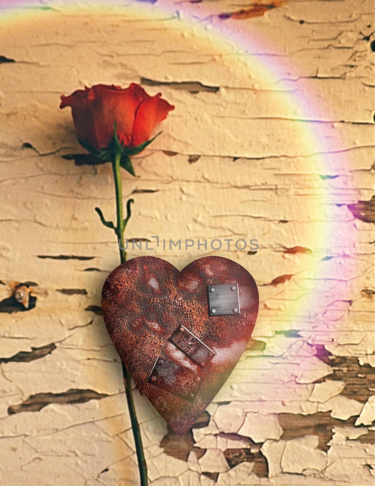 Surrealism. Red rose and rusted heart with metal patches. Rainbow. 3D rendering.