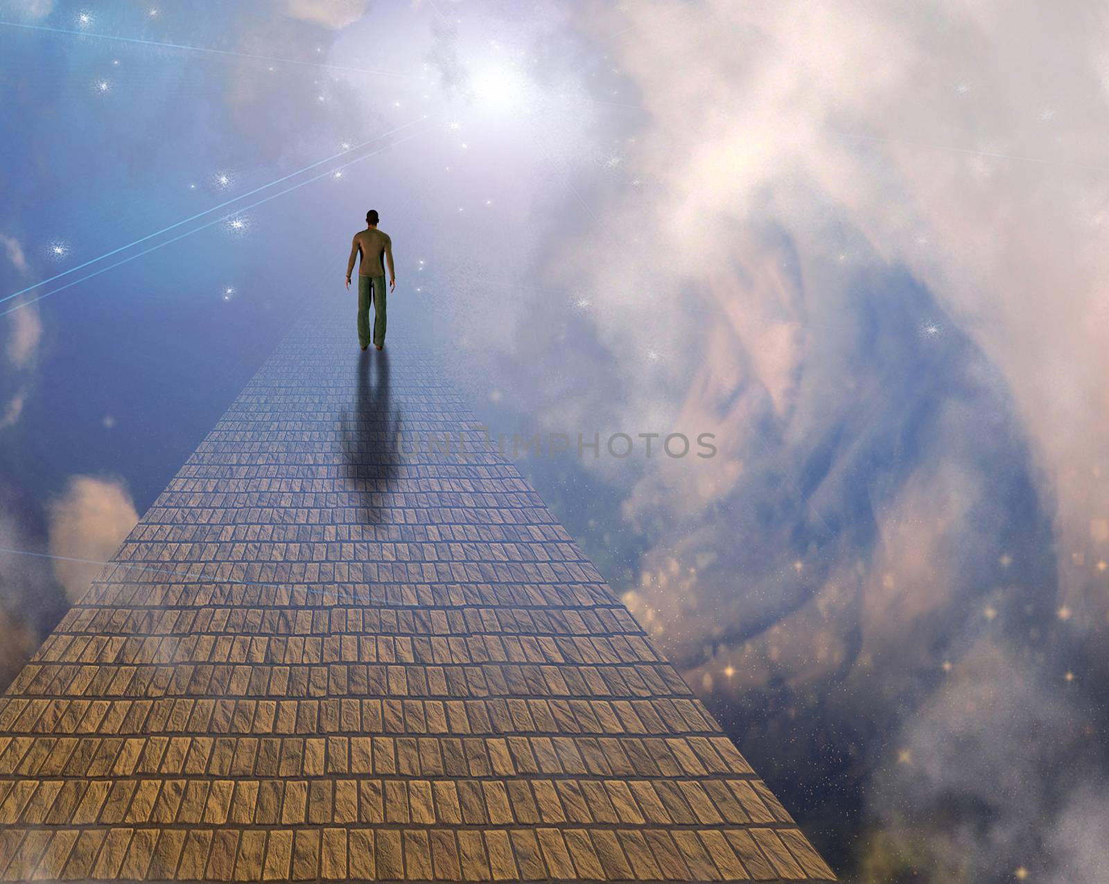 Surrealism. Man walks on stone road to the sky.