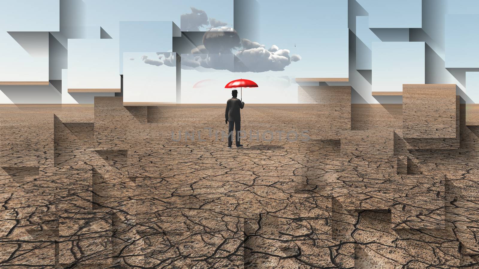 Man in desert with umbrella and single cloud. 3D rendering
