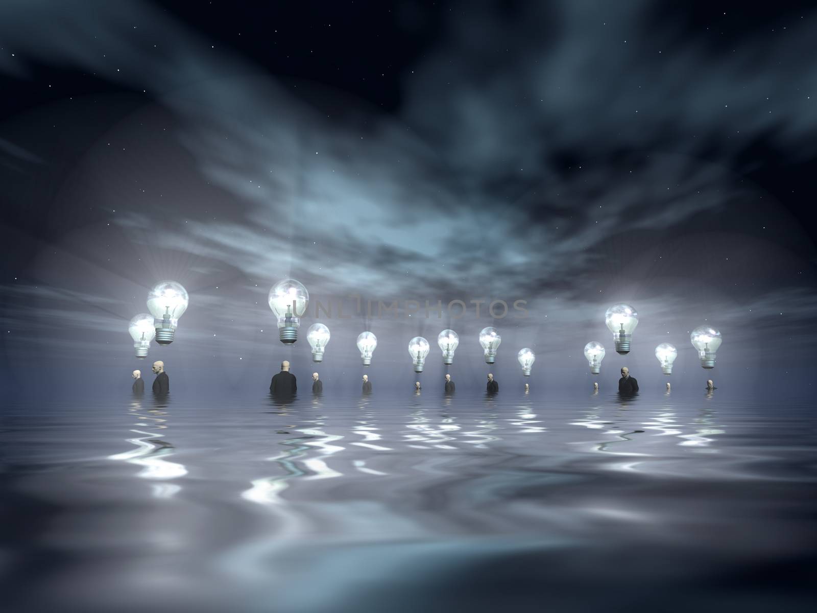 Surreal scene. Men with bright light bulbs above head. Flood. 3D rendering.