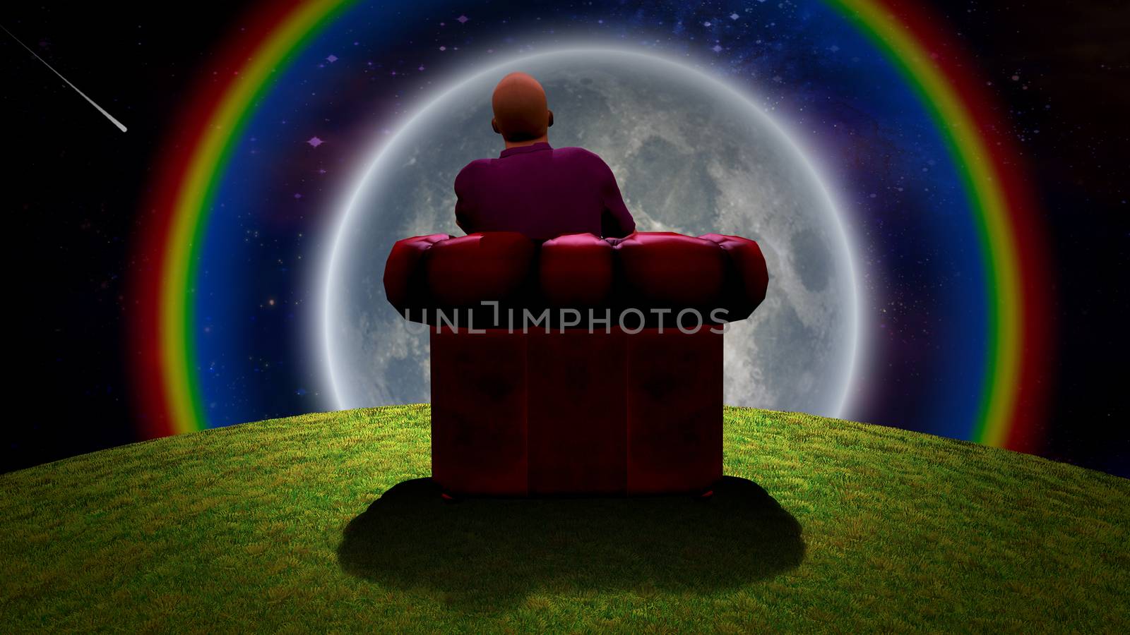Surreal composition. Man sits in red armchair and observs moon and rainbow in vivid sky. 3D rendering.