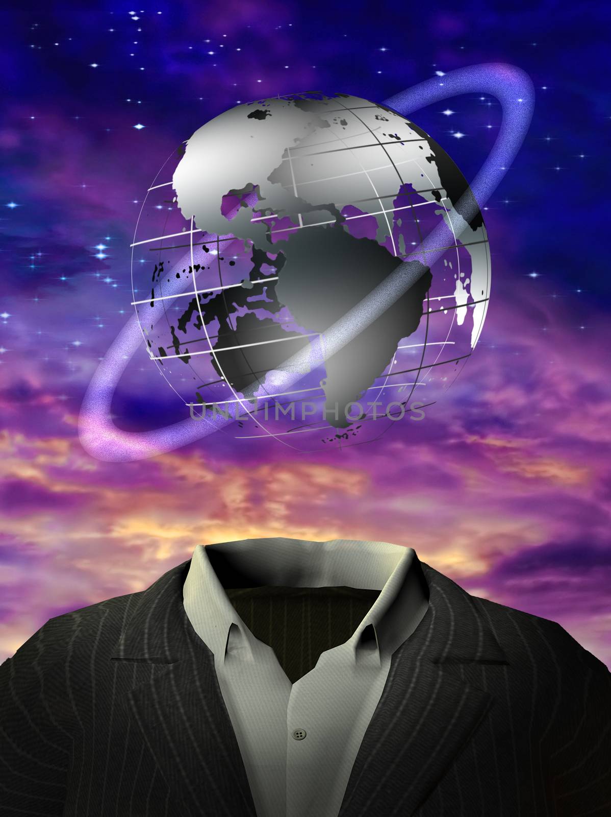 3D rendering. Surrealism. Globe with orbital ring is over man's suit. Purple clouds.