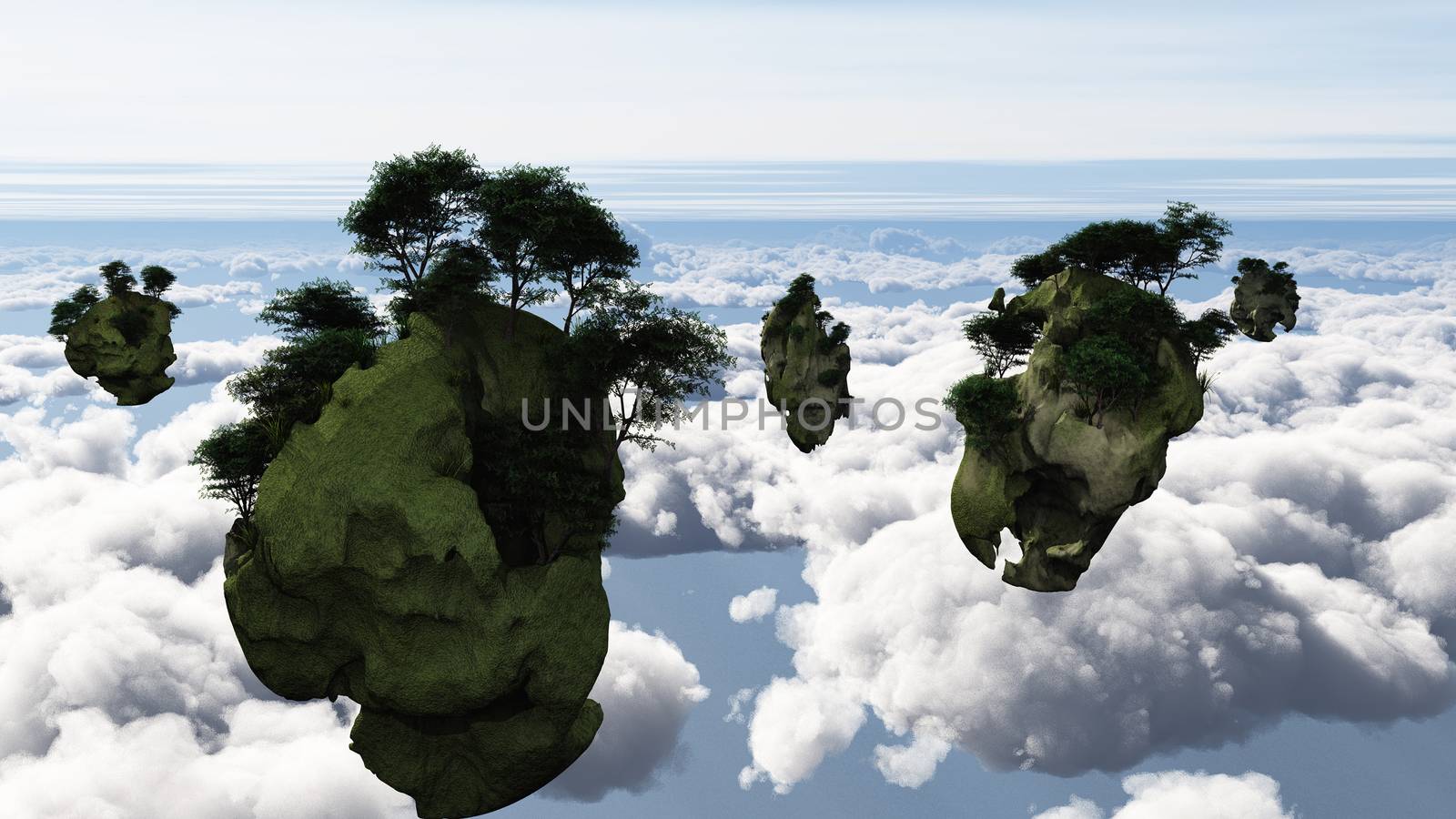 Islands float above the clouds. 3D rendering.