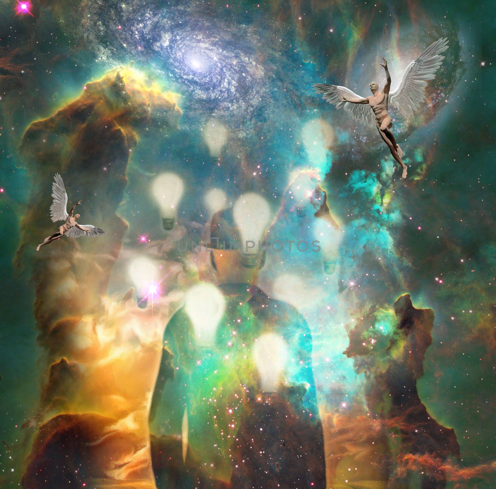 3D rendering. Surrealism. Man in suit with light bulbs around him stands in vivid universe. Naked men with wings represents angels. Some elements image credit NASA.